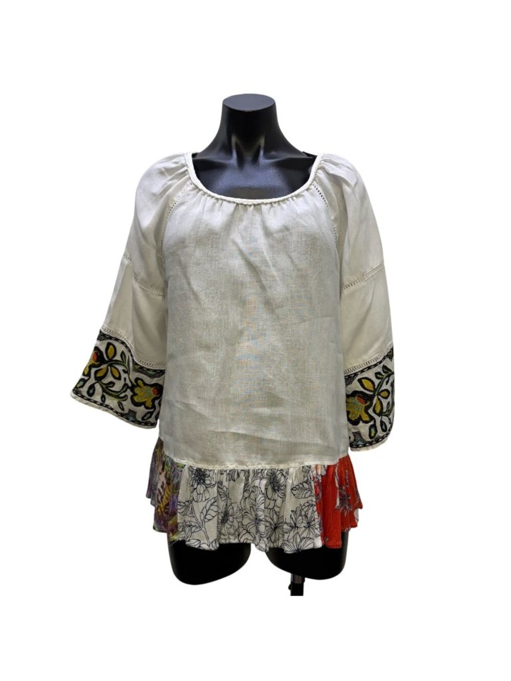 John Mark Linen Blouse White Multi Embroidered Bell Sleeve M